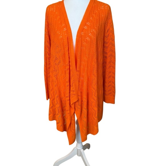 Chicos Size 3 (XL) Lily Open Knit Cardigan Sweater Long Sleeve Orange Shark Bite - Picture 4 of 12